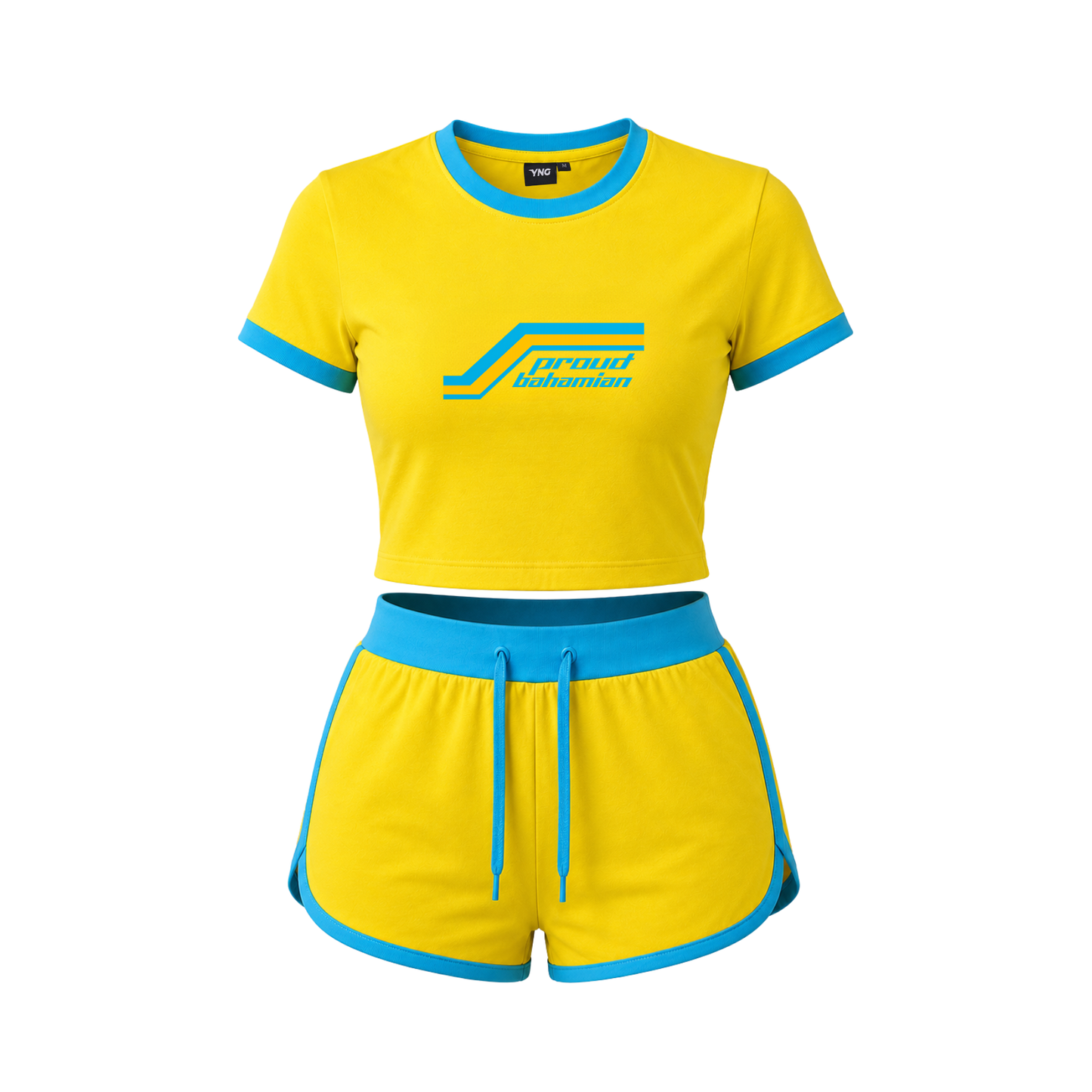 The Proud Bahamian V2 Female Crop Top/Shorts Set - Yellow/Aqua