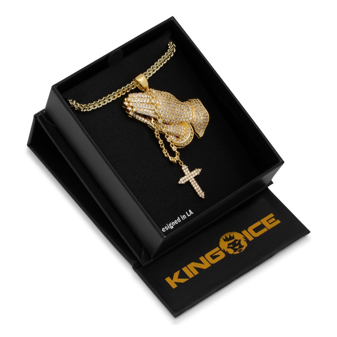 King Ice The 14K Gold Rosary Praying Hands Necklace