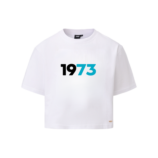The 1973 Collection Greatness Female Cropped Tee - White & Aqua