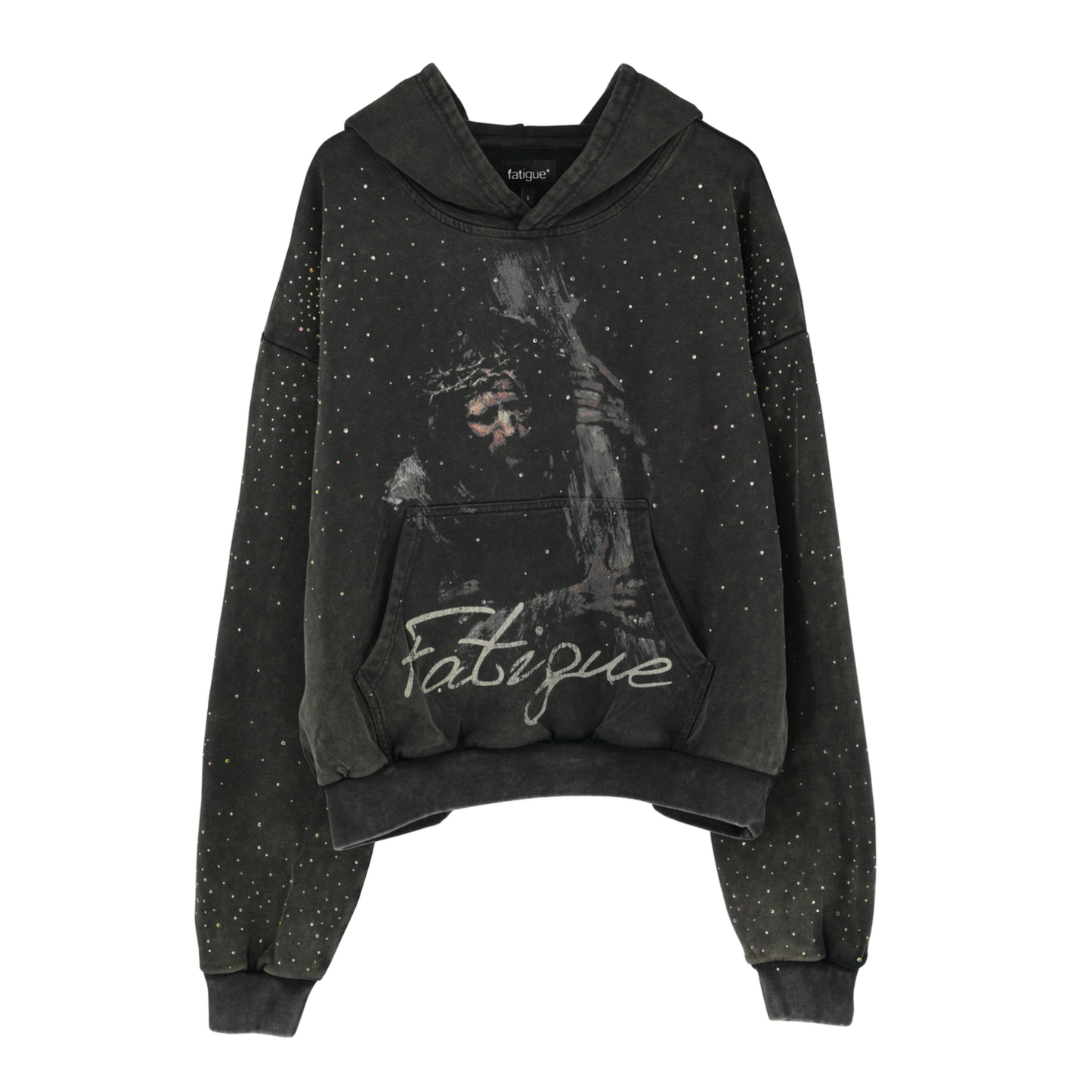 Fatigue Jesus Piece V2 Rhinestone Hoodie - Washed Black