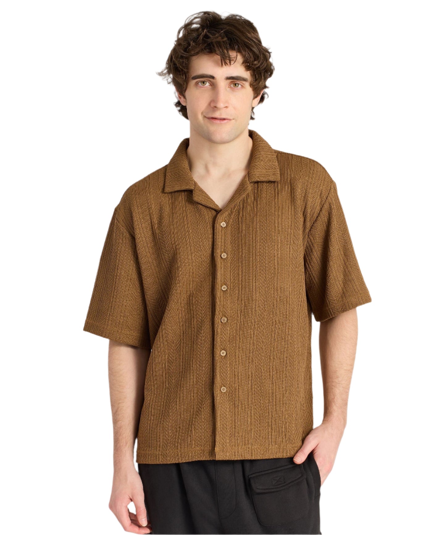 Reason Jacquard Textured Knit Button Down Shirt - Cocoa