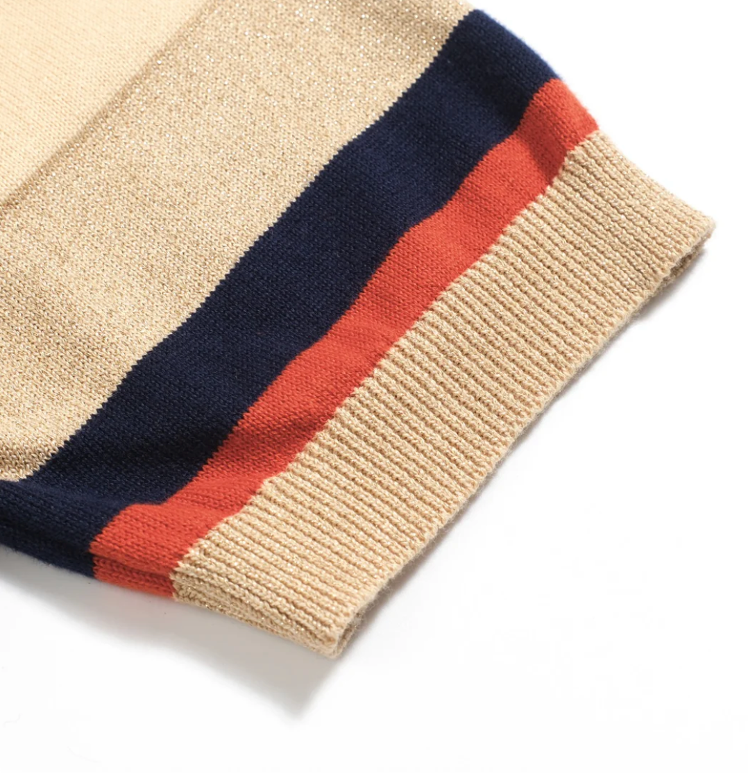 The Premium Revel Stripe Knit Polo - Sand, Navy & Sunset Orange