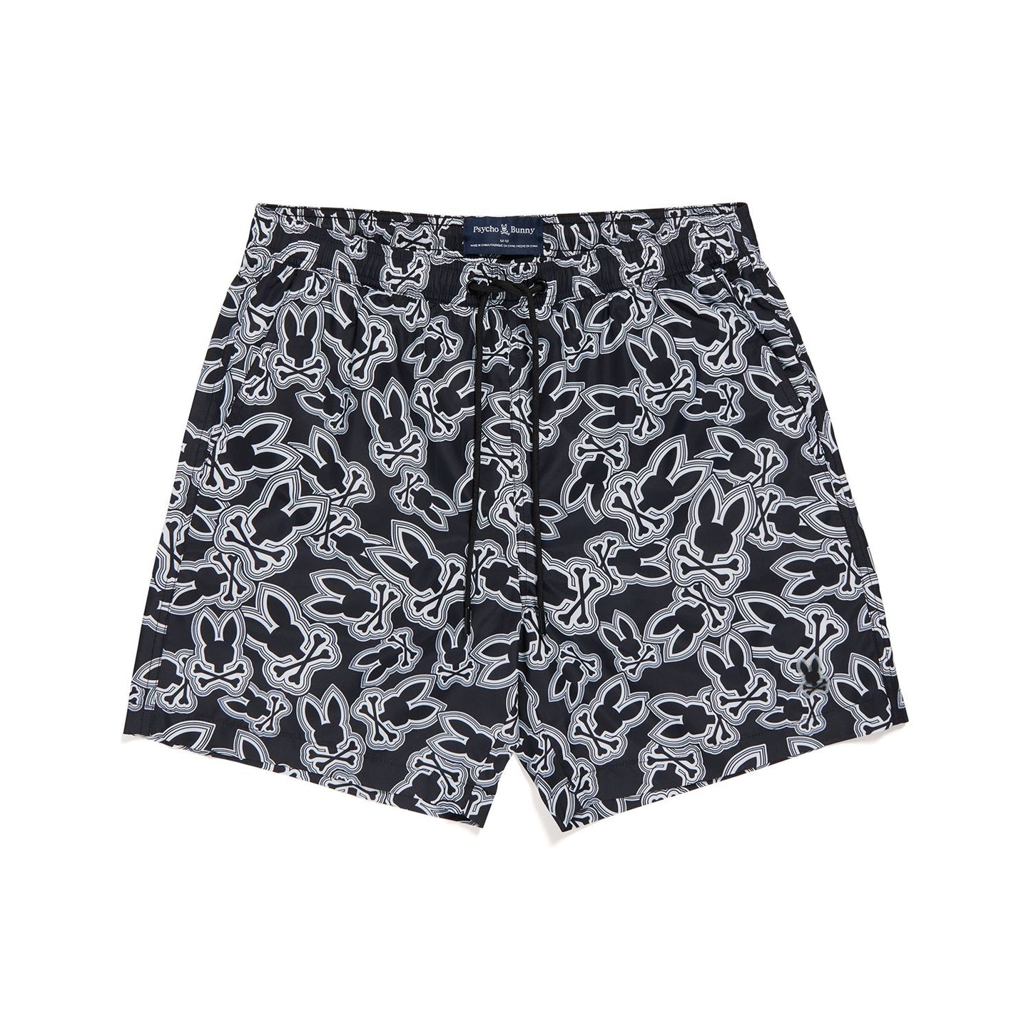 Psycho Bunny Maybrook Lightweight All Over Bunny Swim Trunk- White/Black