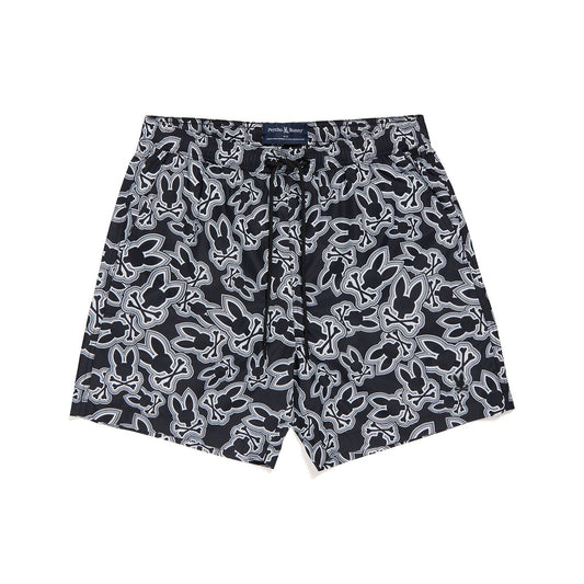 Psycho Bunny Maybrook Lightweight All Over Bunny Swim Trunk- White/Black