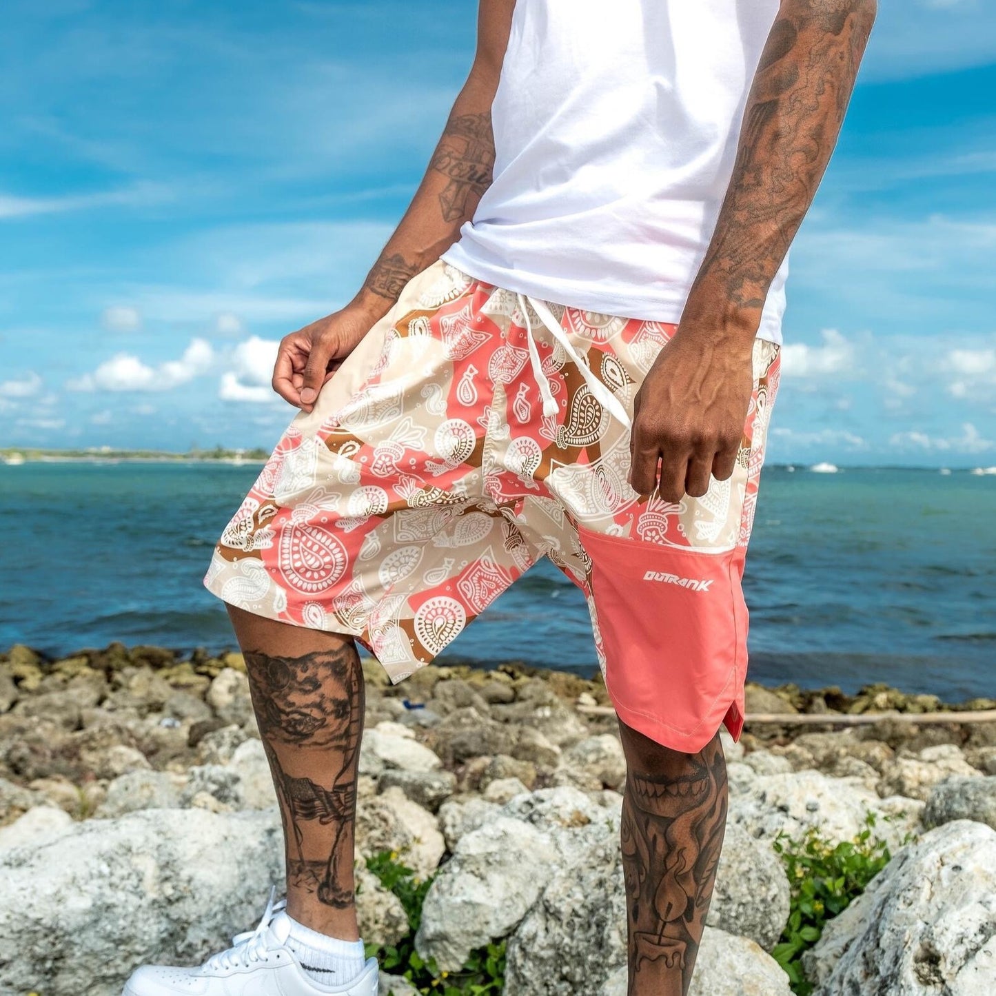 Outrank Money Bag Paisley Color Blocked Nylon Shorts